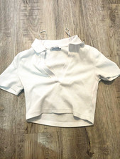 Zara Women's White Solid Ribbed Knit Collared Cropped Polo Top Short Sleeve S picture