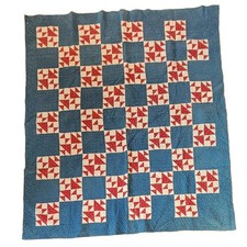 Antique American Quilt 1800s Old Maid's Puzzle Cotton Indigo Turkey Red Checker picture