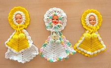 Vintage Handcrafted Crochet Doll Face Kitchen Pot Holders Set Of 3 picture