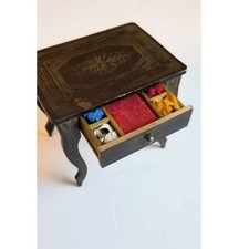 Antique Biedermeier Boulle Dollhouse Miniature Sewing Table & Supplies 2 3/4