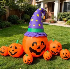 8.2 FT Halloween Inflatable 7 Pumpkins Witch Hat LED Yard Decoration picture