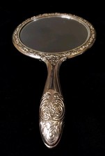 Vintage Silver Tone Repousse Silver Vanity Hand Mirror 9.5 In Long X 5.5