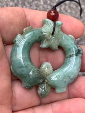 Unique Excellent Chinese Old Jadeite Jade Hollow Hand Carved *2Fishes* Pendant picture