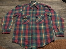 vintage 60s FIVE BROTHER GREEN RED BLUE PLAID FLANNEL MEN'S BUTTON DOWN SHIRT SM picture