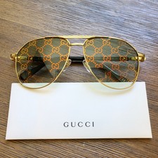 Gucci GG1220S 59mm Aviator Sunglasses in Gold with Green GG Pattern Lens picture