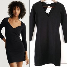 Mango MNG Basics Black Fitted Textured V-Neck 3/4 Sleeves Dress 2 NEW NWT $35.99 picture