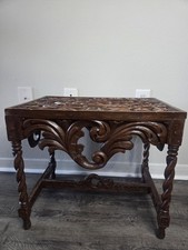 Vintage Italian Hand Carved Wood Side Table Floral Top Twisted Legs Dark Brown picture
