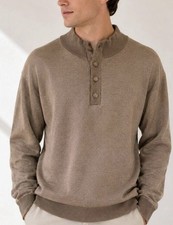 Peter Millar Brown Birdseye Wool Button Mock Henley Sweater Men's XL picture