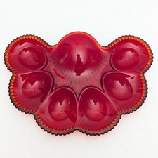 Rare Vintage Ruby Red Deviled Egg/Oyster Plate Cadmium Glass Hobnail Pattern 9in picture
