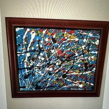 Jackson Pollock Abstract Painting on Canvas, Framed 24 x 18 in picture