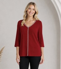 Womens Ruby Red Rhinestone Studded V Neck Top Size Large Fall Holiday Party NWT picture