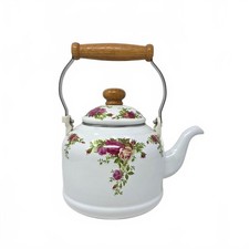 Vintage Royal Albert Old Country Roses Enamel Tea Kettle Wood Handle Floral picture
