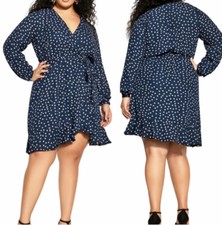 City Chic Women’s Size XXL/24 Navy Blue Amber Polkadot Chiffon Dress Belted NWT picture