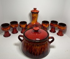 Vintage Evangeline Pottery Red Flame MCM Decanter 6 Goblets Serving Pot Canada picture