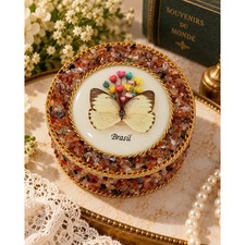 Vintage Brazil Butterfly Trinket Box Real Butterfly Crystal Stone Souvenir Decor picture