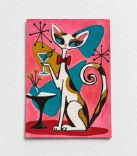 Madame Martini Cat ACEO Hand Painted Original Retro Funny Mid Century Art picture