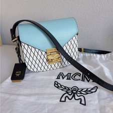 MCM Aqua and White Crossbody Bag with Gold Accents picture