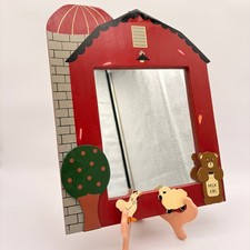 Vintage Red Barn Wood Mirror Farmhouse Nursery Decor Animal Folk Art Wall Mount picture