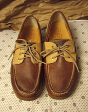 Sperry Top-Sider Men’s Brown/Tan Leather Lace-Up Boat Shoes Rubber Sole picture