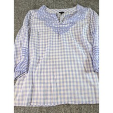 Talbots Blue Gingham Cotton Blouse Split Neck Embroidered 3/4 Sleeve Large picture