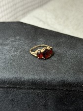 10K Yellow Gold 3 Stone Garnet Ring Vintage Style Red Gemstone picture