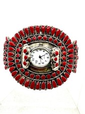 Zuni Red Coral Cluster Silver Watch Cuff 88 Stone Vintage 1950s 1960s 59.4g picture