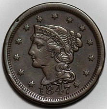 1847/47 Braided Hair Liberty Head Large Cent (N-18) - US 1c Copper Coin picture