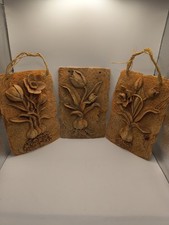 Vtg 3D Faux Stone Botanical Flower Bulb Wall Plaques Set 3 Tulip Daffodil Resin picture