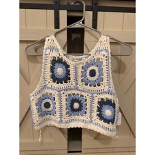 Altar'd State Crochet Granny Square Tank Top Ivory Blue Boho Crop W9878 Medium picture