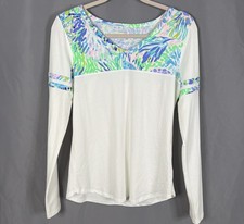 Lilly Pulitzer Amara Top Womens Medium White Floral V-Neck Long Sleeve Tee picture