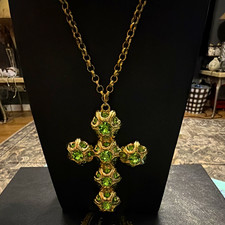 Catwalk Jon Gold Tone Cable Chain Necklace w/ Green Crystal Cross Charm, Adj picture