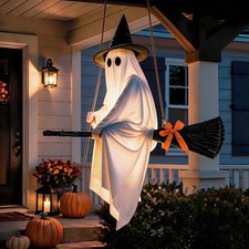 Hanging Ghost Decor Halloween Decorations Light-Up Flying Ghost on Broomstick picture