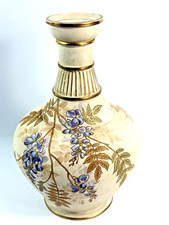Antique c1900 Teplitz Austrian Art Pottery Vase Blue Floral Gold Gilt 13