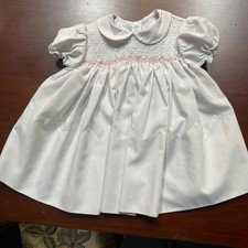 Vintage Feltman Brothers White Smocked Baby Dress Pink Embroidery 1970s 1980s picture