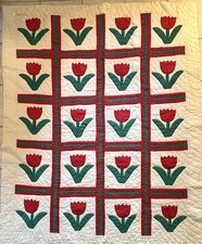 Hand Stitched Vintage 1940’s Appliqué Tulip Quilt - Vibrant Red - 60”x76” picture