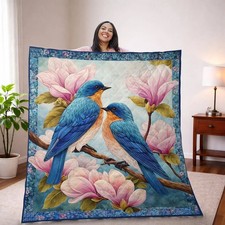 Couple Bluebird Flower Quilt Blanket Magnolia Floral Throw Cottagecore Home Deco picture