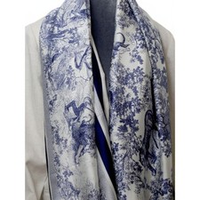 NWT Blue Cream Toile Animal Print Imitation Silk Scarf Wrap Cami Quiet Luxury picture