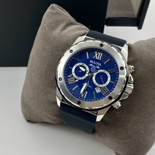 Bulova Marine Star 98B258 Quartz Blue Dial Black Rubber Strap Men's Watch 44mm picture