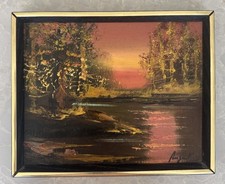 VTG Sunset River Landscape Original Oil Painting Framed Signed Mid Century 10x 8 picture