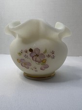 Vtg Fenton Pink Flowers Satin Custard Glass Ruffled Vase Rose Signed NJ Gribble picture