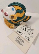 RARE Vtg Chris Moses Raku Zoo Pottery Colorful Handmade Fish Whistle Signed Card picture