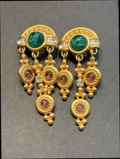 Rare Vintage Givenchy Gold Chandelier Dangle Clip Earrings Green Pink Glass picture
