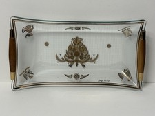 Vintage Georges Briard Glass Serving Tray Wood Handles Gold Birds Folk Art MCM picture