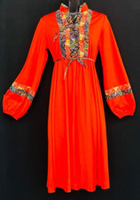 Vintage 1970s red patchwork dress, black paisley long balloon sleeve boho 1930s picture