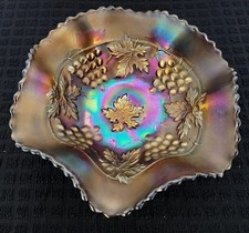 Antique Northwood Grape & Cable Amethyst Carnival Glass Bowl Signed N picture