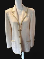 Vintage St John Collection Marie Gray Cream Gold Chain Knit Blazer 8 picture