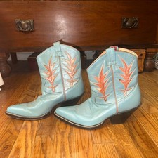 VINTAGE 70s/80s SASSON LIGHT BLUE TURQUOISE LEATHER INLAID COWBOY BOOTS 7.5 picture