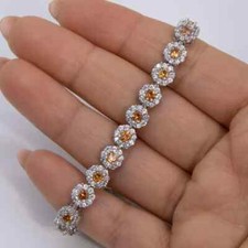 6.50 Ct Round Simulated Citrine Flower Tennis Bracelet 925 White Sterling Silver picture