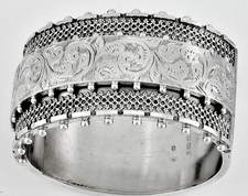 Victorian English Sterling Silver Aesthetic Movement Antique Cuff Bangle - 1883 picture