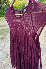Free People whine /Purple Lace Crochet Sheer Cap Sleeve Round Neck Blouse Size S picture